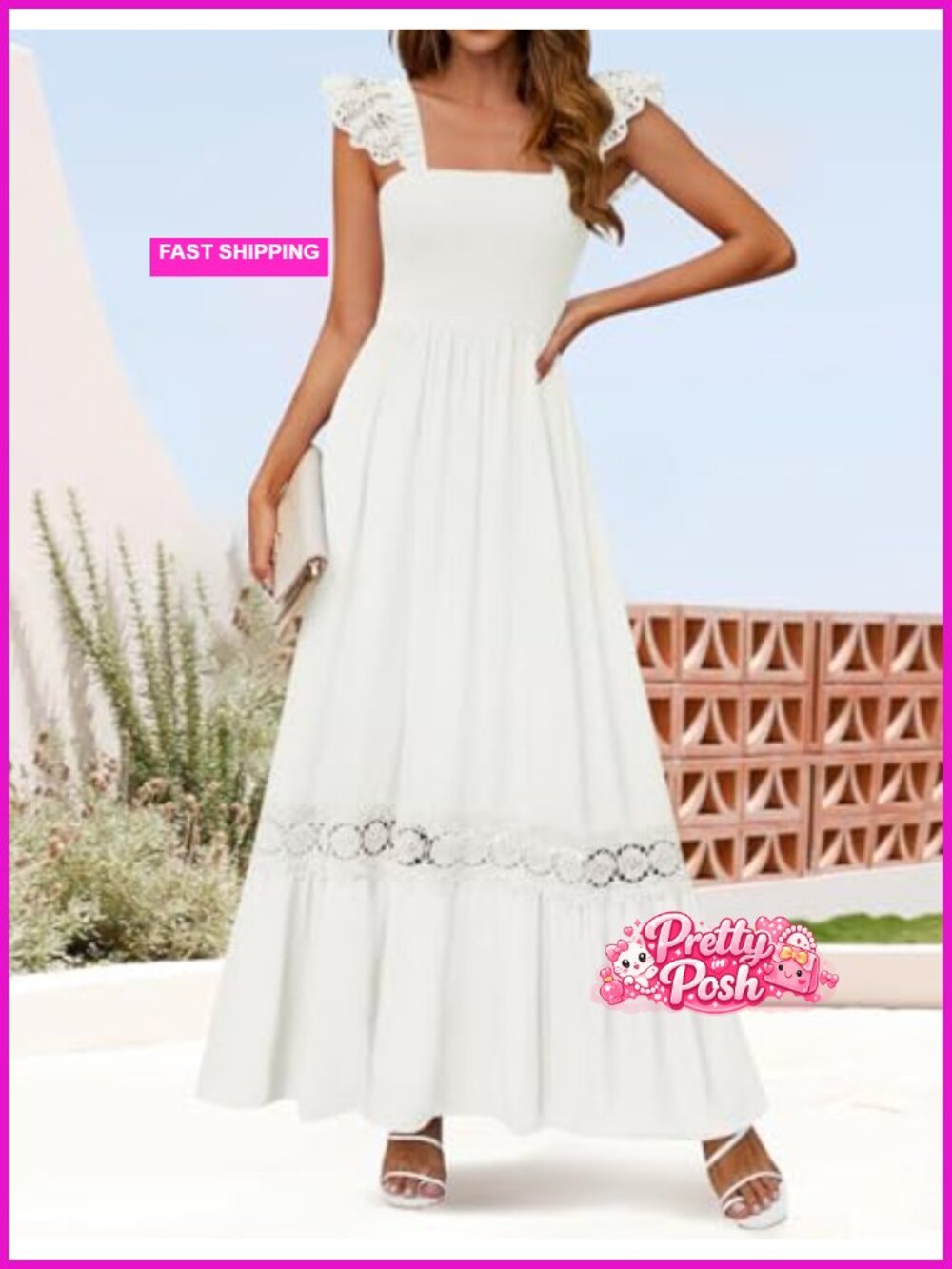 Sleeveless Square Neck Smocked High Waist Maxi Dress with Lace Straps - Picture 3 of 6